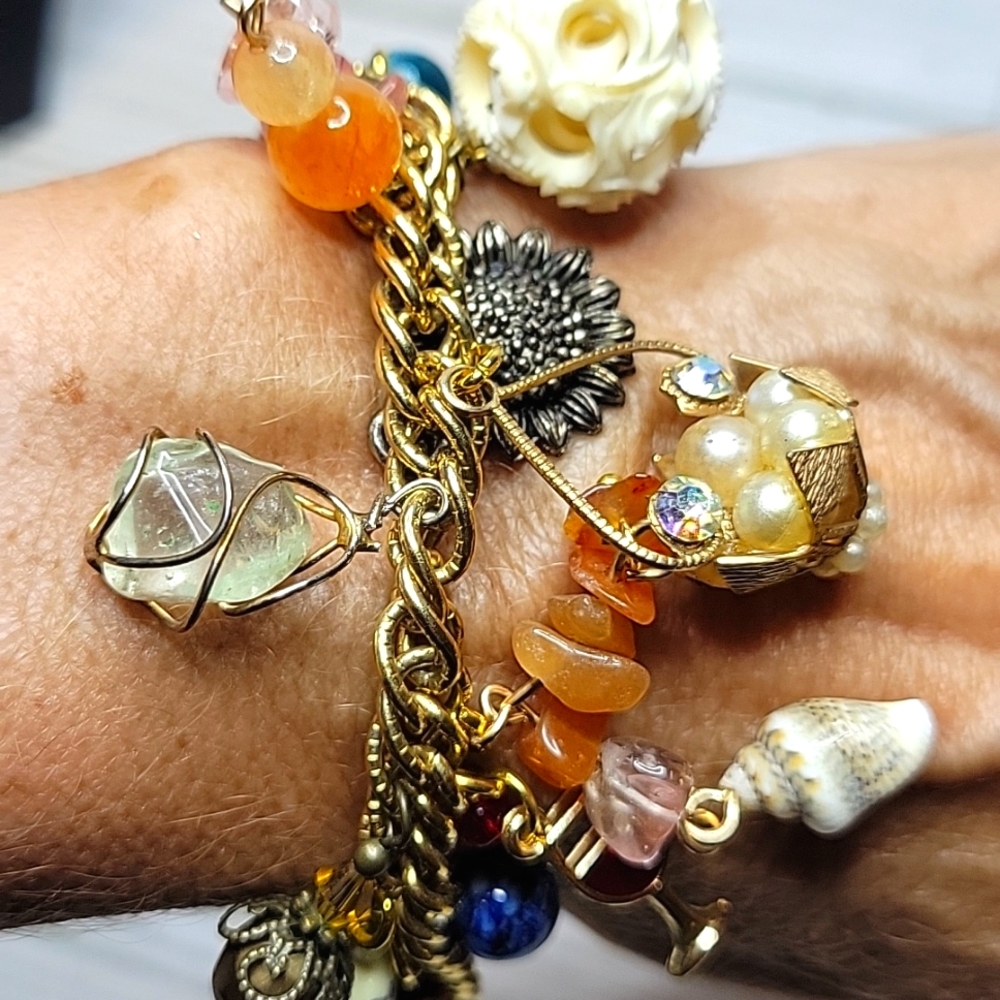 Chunky Gold Tone Loaded Charm Bracelet Upcycled From Broken Vintage Jewelry